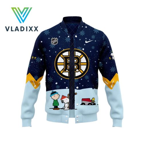 New Boston Bruins Peanuts & Snoopy Christmas Dark Blue Baseball Jacket